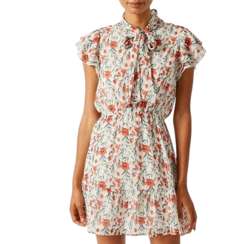 Hayden Los Angeles Floral Tie-Collar Ruffle Mini Dress Ivory/Brown Size S Small